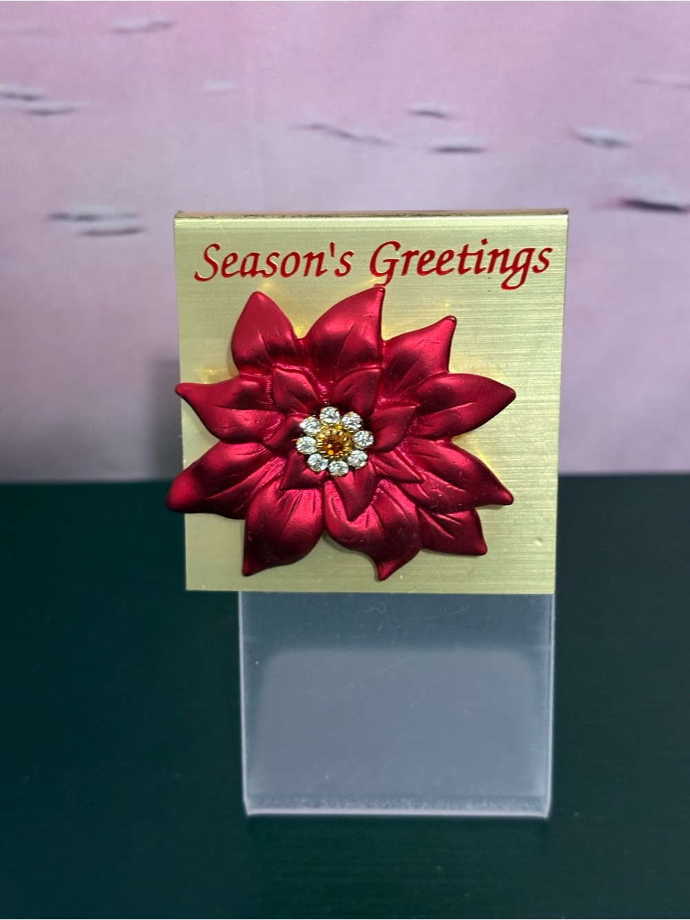 Season's Greetings Poinsettia Brooch sparkling cluster amber rhinestones. New